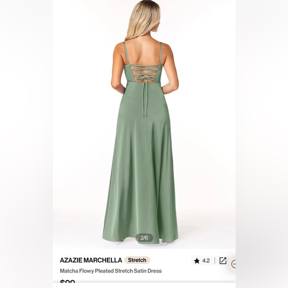 AZAZIE MARCHELLA Bridesmaid Dress Matcha Flowy Pleated Stretch Satin Dress - Picture 5 of 7